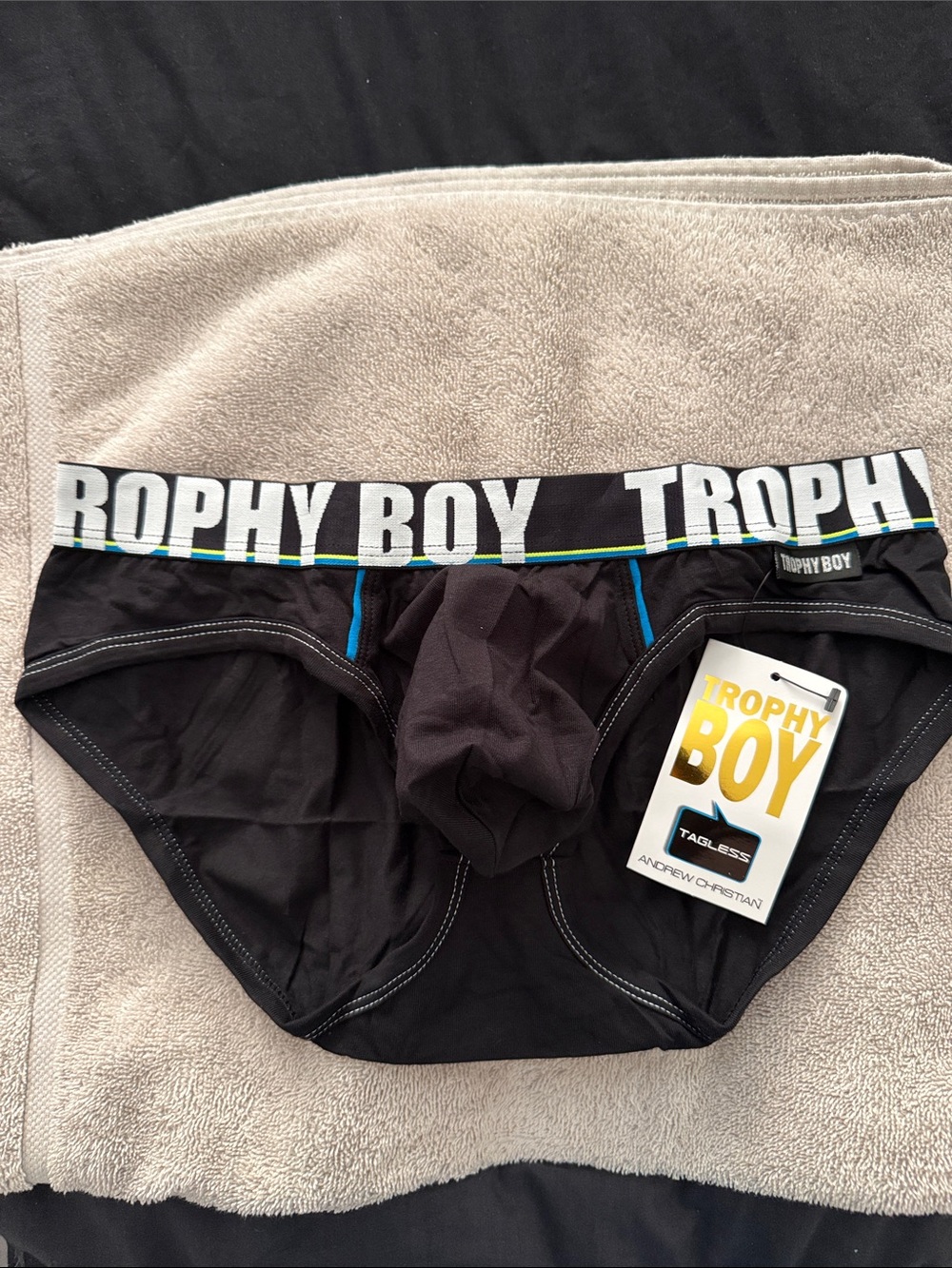 Andrew Christian Trophy Boy Black Briefs with Blue Trim small 90315